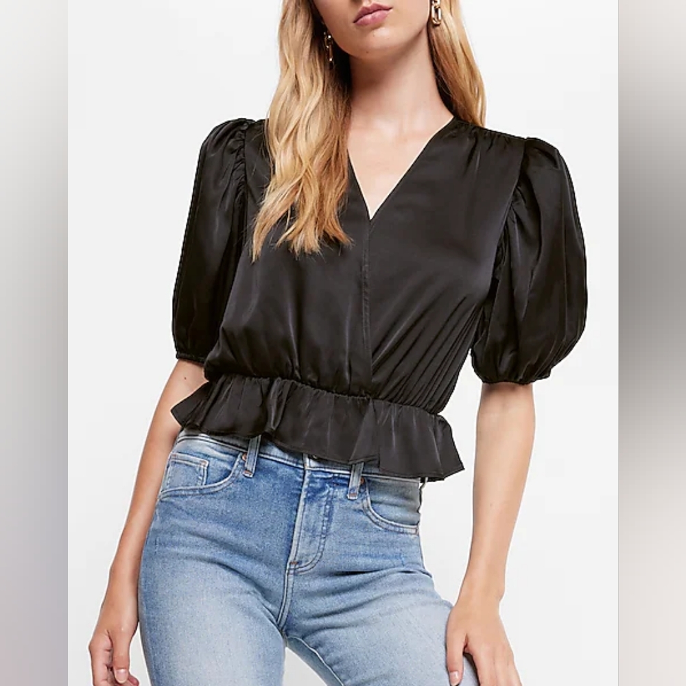 Express Satin Faux Wrap Peplum Thong Bodysuit